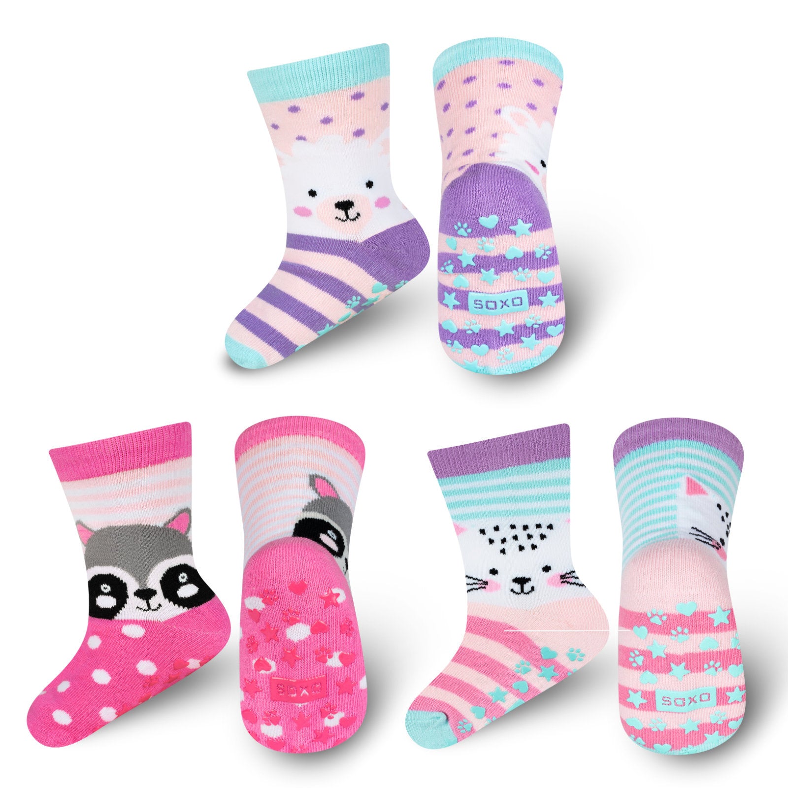 Charming Kids Animal Print 3-Pack Socks: Soft Cotton, Non-Slip Grip